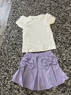Baby girl Puff Sleeve Top & Lavender Bow Skirt Two-Piece Set